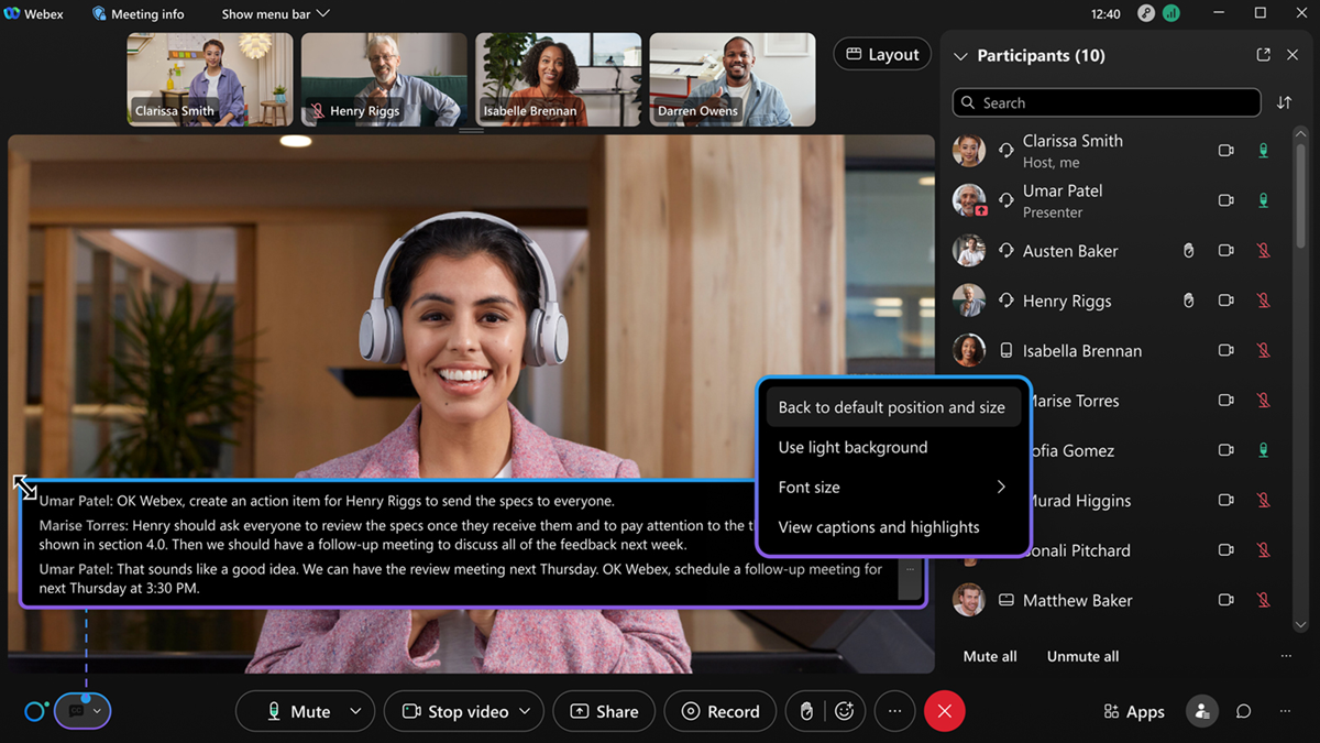 Webex offers enhanced captioning and real-time transcription features, ensuring that all participants can understand and engage in conversations, regardless of their native language.