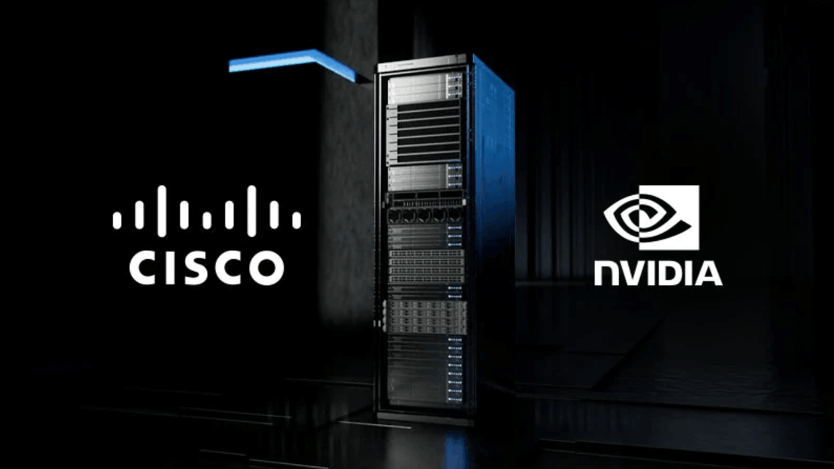 Cisco and NVIDIA logos displayed beside a data center rack representing secure AI infrastructure across edge and data center environments