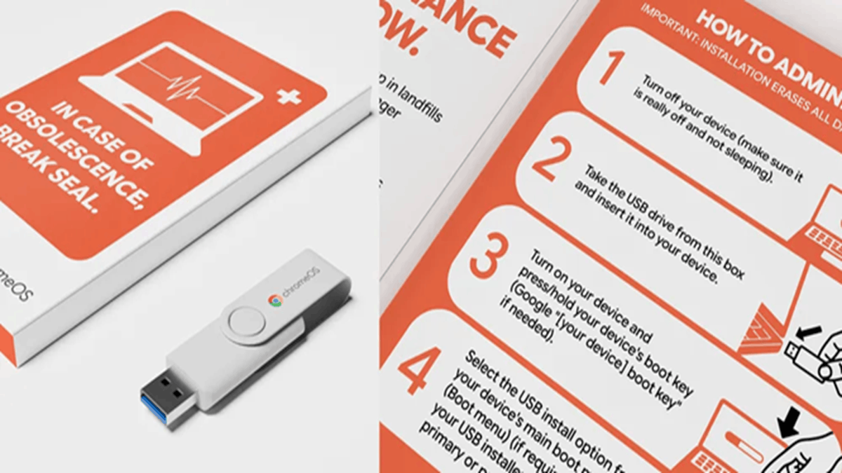 ChromeOS Flex USB kit with installation guide showing step-by-step instructions for upgrading an old laptop using a USB drive