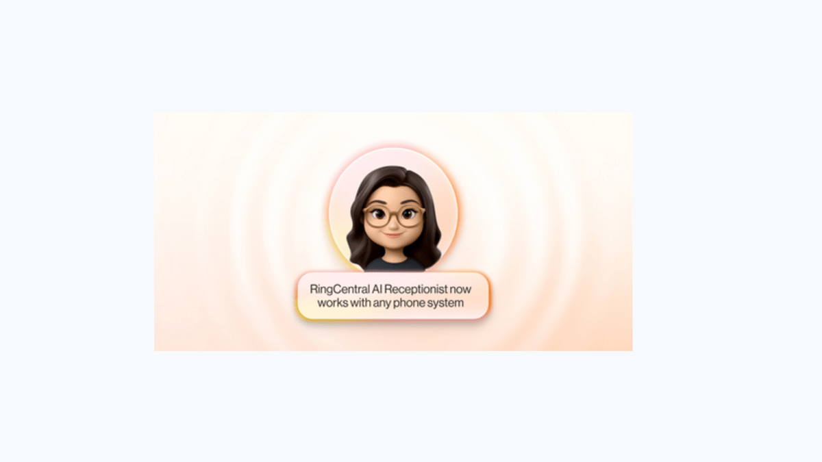 Illustration of RingCentral AI Receptionist with text stating it now works with any phone system
