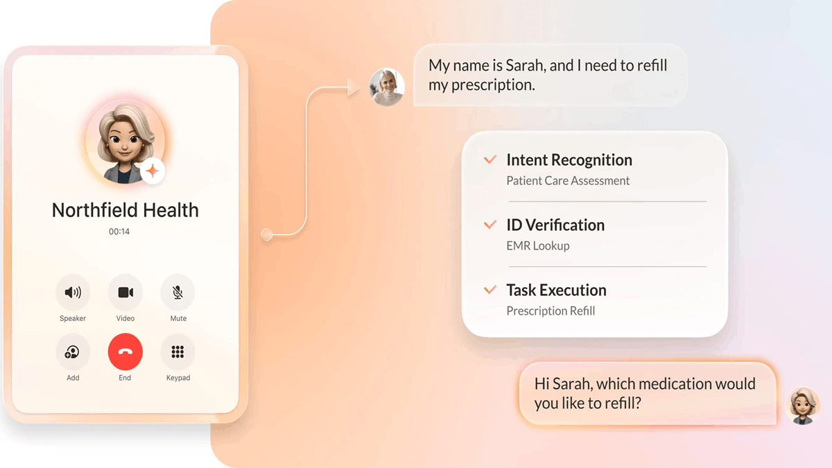RingCentral AI healthcare agent handling prescription refill with intent recognition ID verification and task execution