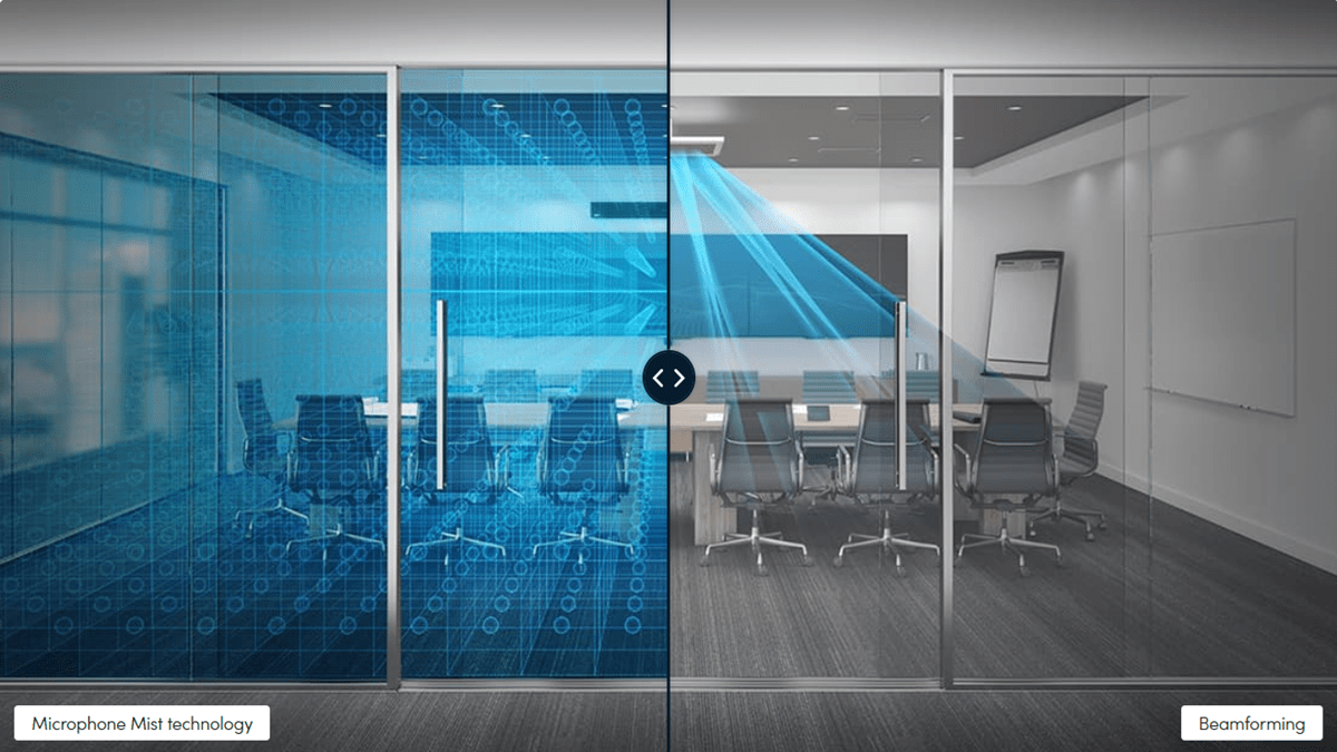  Comparison image showing Microphone Mist technology covering an entire meeting room versus beamforming focused on a single area