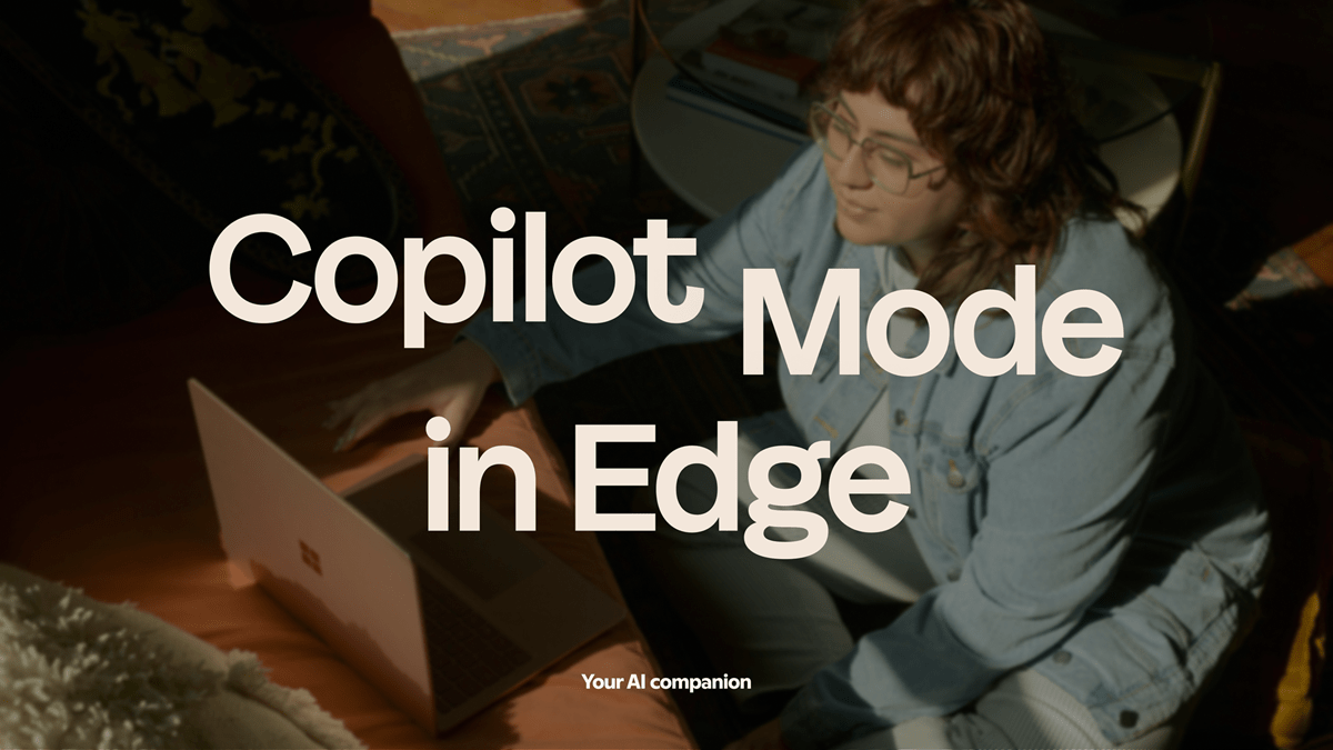 The text “Copilot Mode in Edge” over a person using an Apple laptop background