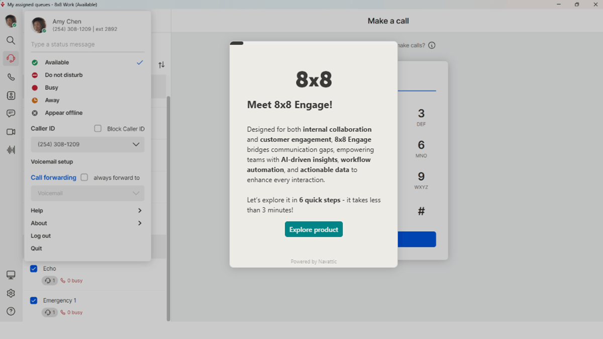 8x8 Engage interface highlighting collaboration tools, call management, and AI-driven insights for customer interactions