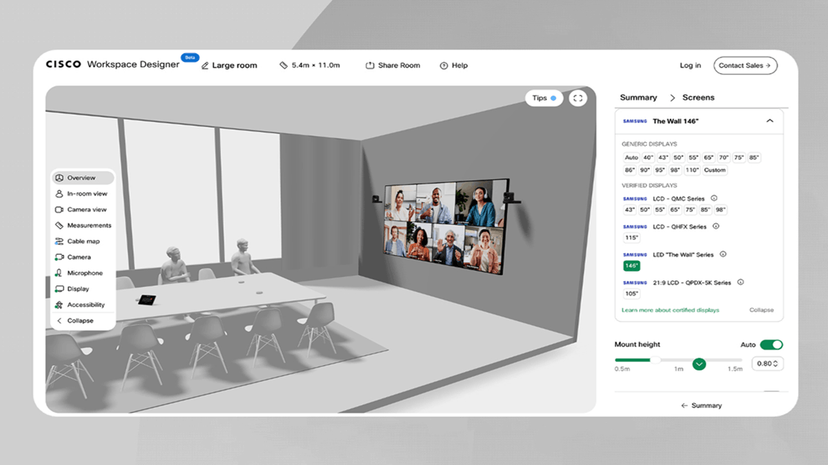 The Cisco Workspace Designer interface showing virtual room planning and display configuration