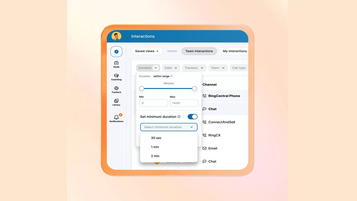 RingSense interface featuring the filters users can set to quickly access the most relevant information 