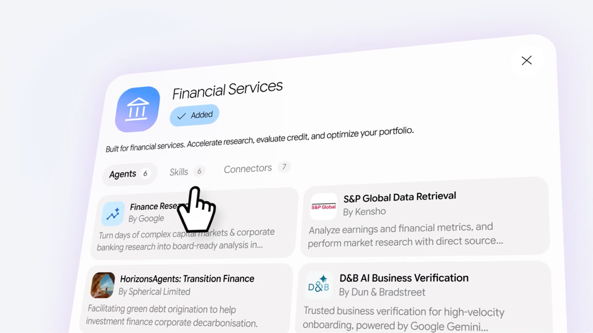 Gemini Enterprise for Financial Services interface featuring financial research agents, skills, and data connectors
