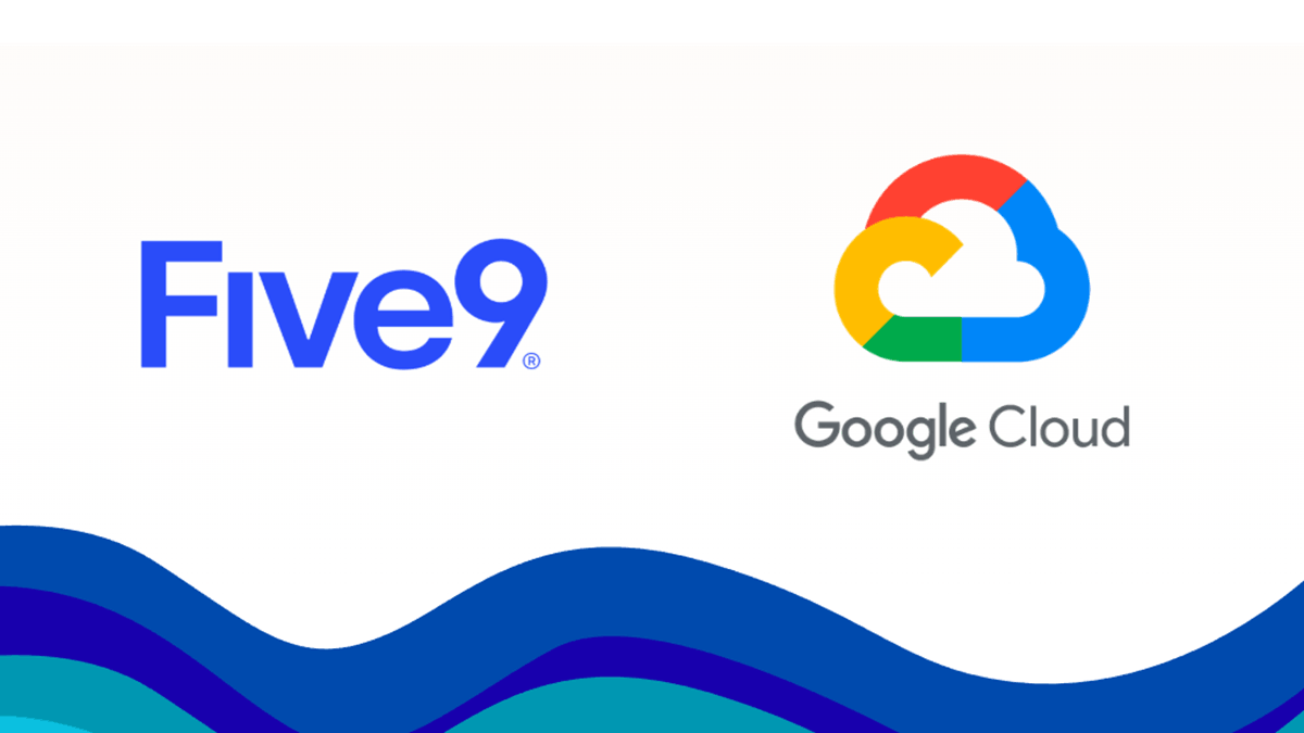 Five9 and Google Cloud’s logos over a wave of blue hues on a white background