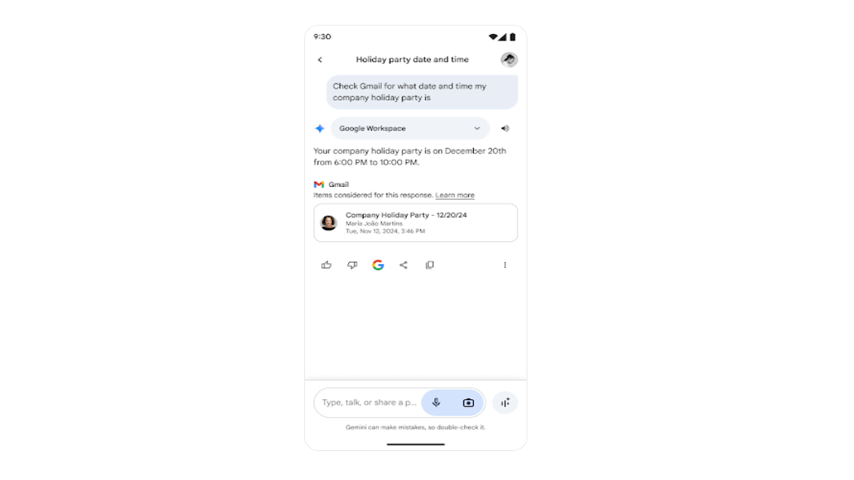 Screenshot of the Gemini App showing connections to Workspace apps