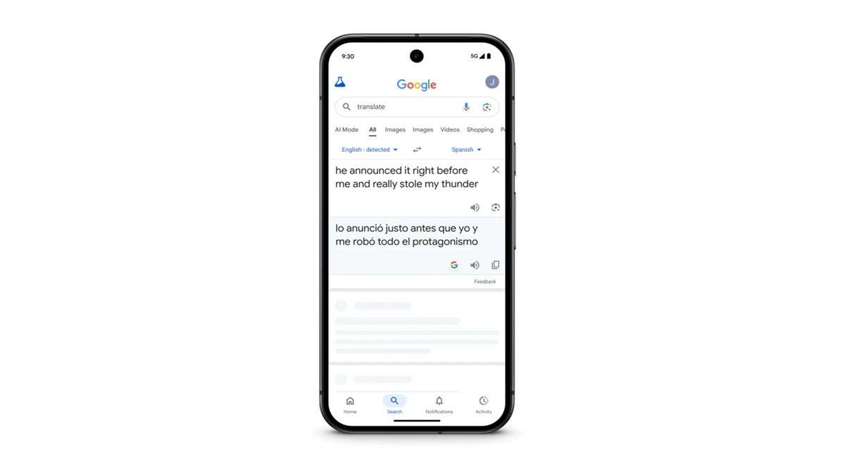 A preview of Google Translate’s translation feature on a smartphone from English to Spanish