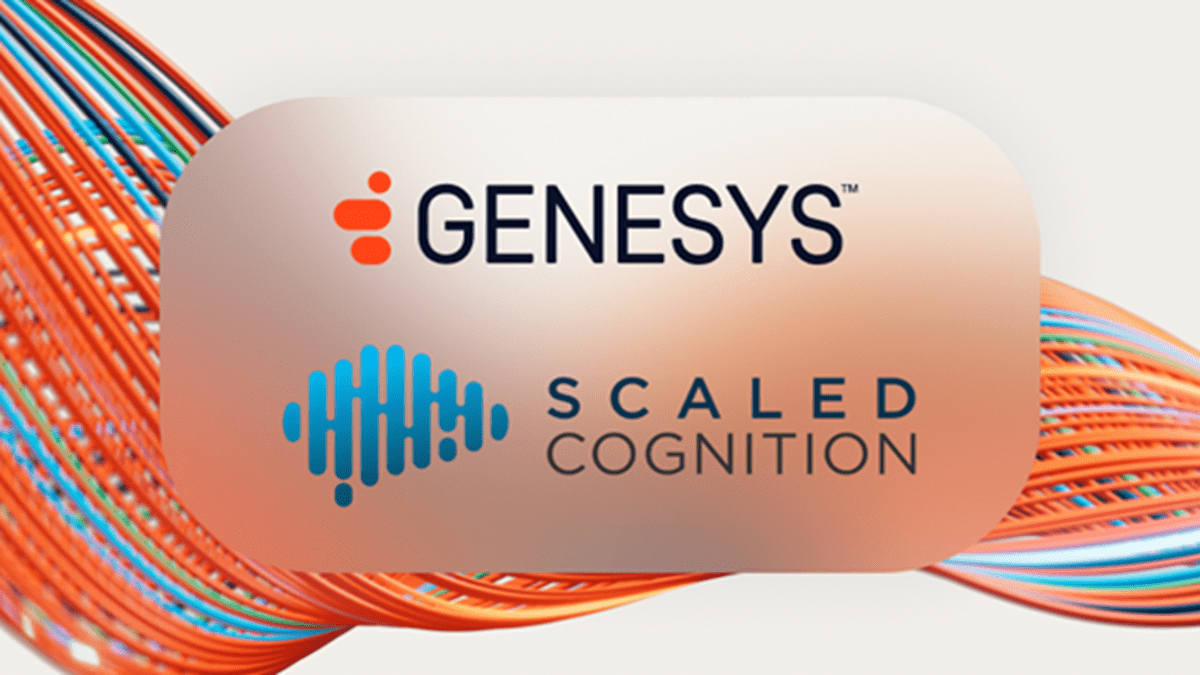Genesys and Scaled Cognition’s logos over an abstract orange, blue, and white background