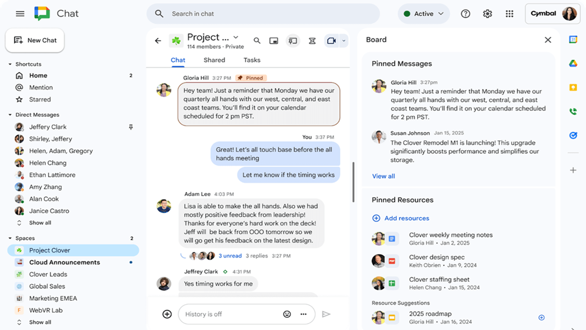 Google Chat updates with the board tab and HubSpot integration.
