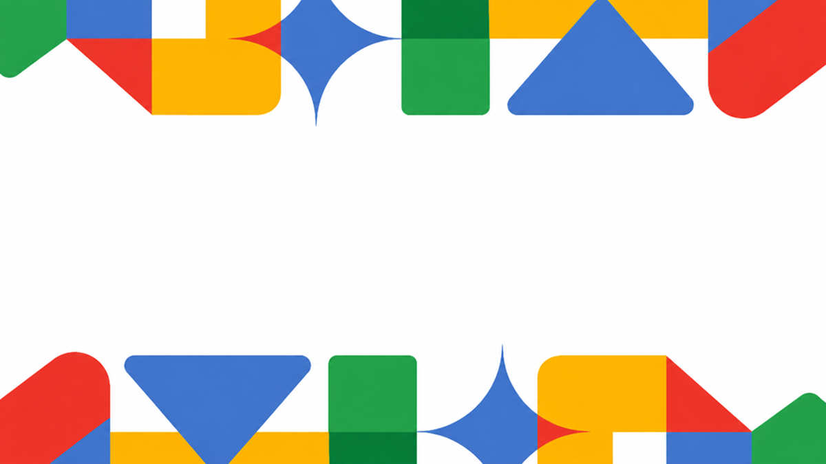 Colorful geometric shapes frame a white background along the top and bottom edges