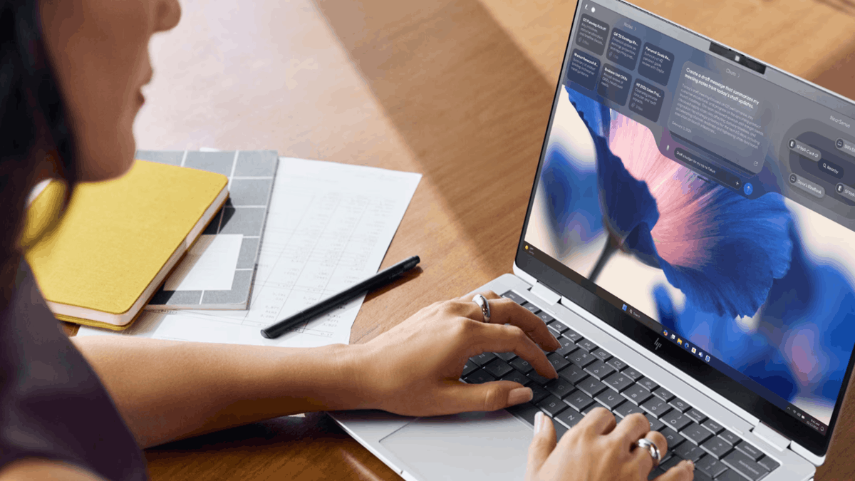 A close-up of HP laptop interface showcasing HP IQ features for on-device AI insights and workflow support
