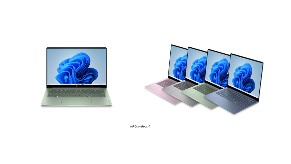 HP OmniBook 5 laptops in multiple colors displayed on a white background