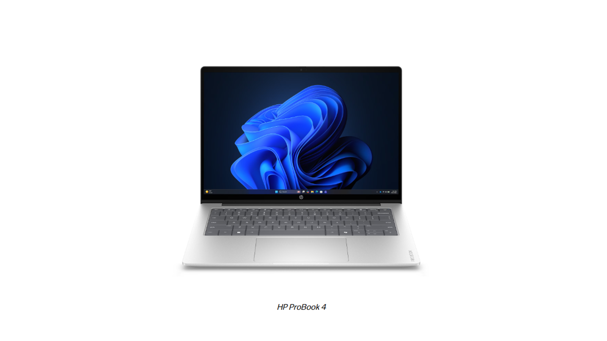 Silver HP ProBook 4 laptop with Windows 11 displayed on screen against a white background