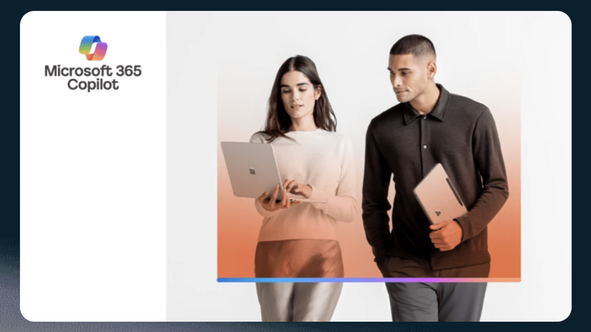 A man and a woman holding devices featuring Microsoft 365 Copilot
