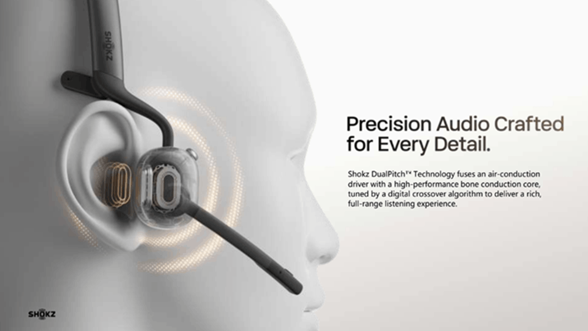 Close-up illustration of OpenMeet2 UC DualPitch technology combining air conduction and bone conduction audio components