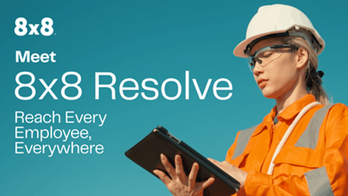 8x8 Resolve promotional graphic showcasing critical communications for frontline and deskless workers