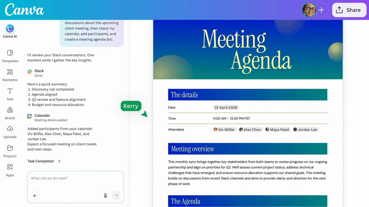 Canva AI creating a meeting agenda using Slack and calendar data with structured output and timeline details
