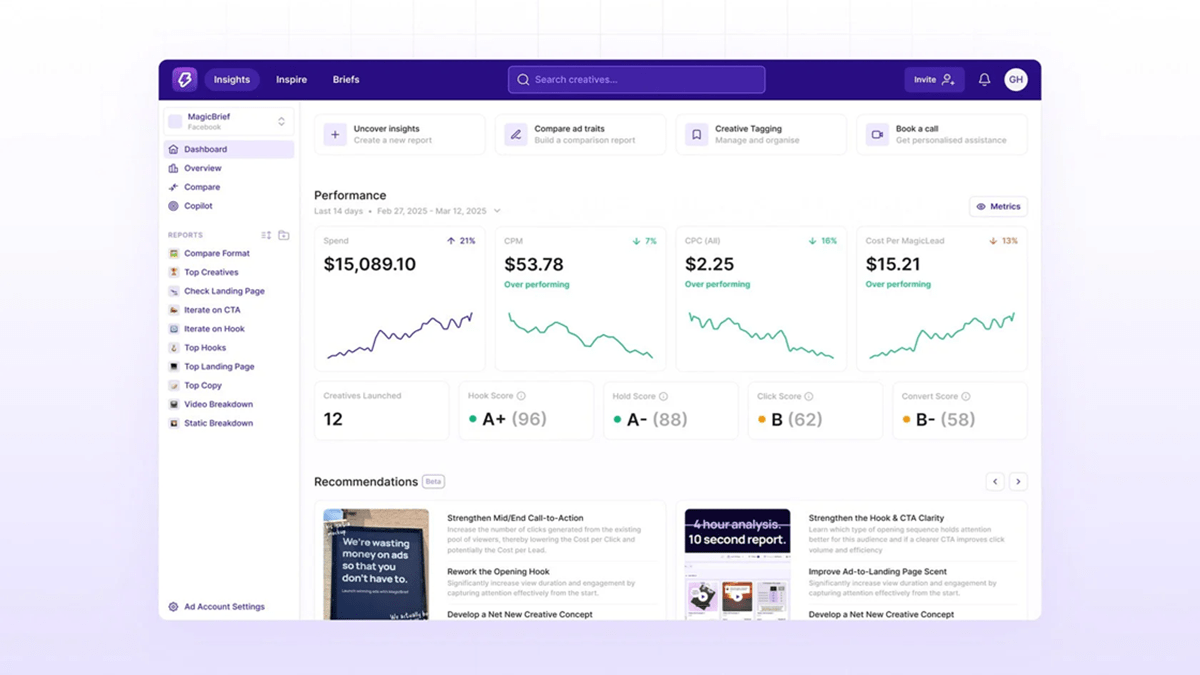 A screenshot of the MagicBrief dashboard showcasing performance analytics