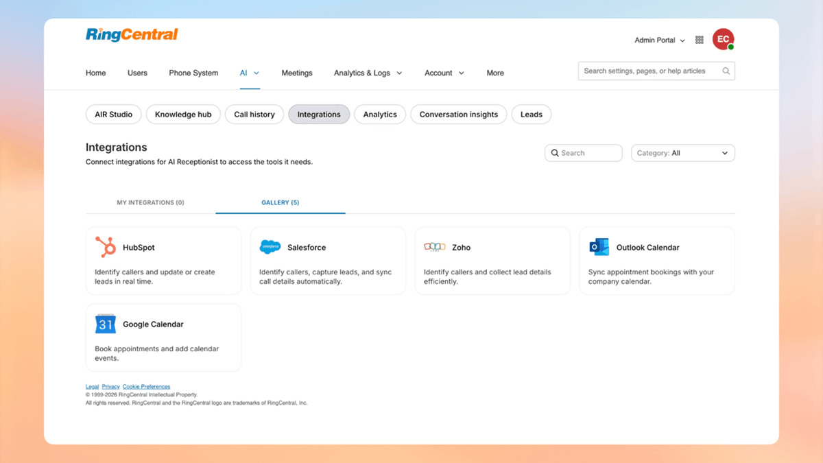 The RingCentral admin portal, featuring the new integrations tab