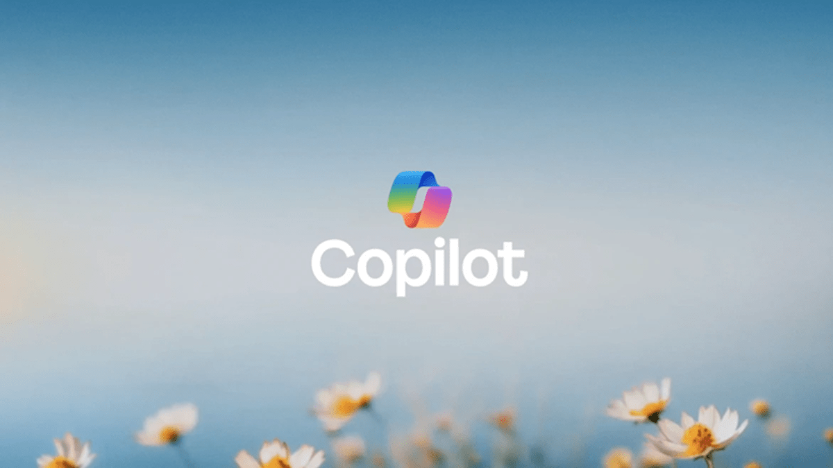 Microsoft Copilot’s logo over a gradient blue background with small white flowers