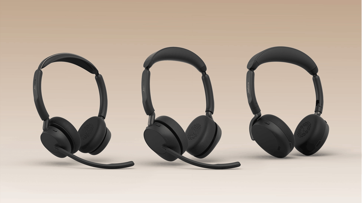 Three black Jabra Evolve3 wireless headsets are displayed side by side, showcasing the Evolve3 45, Evolve3 65, and foldable Evolve3 65 Flex models against a neutral beige background