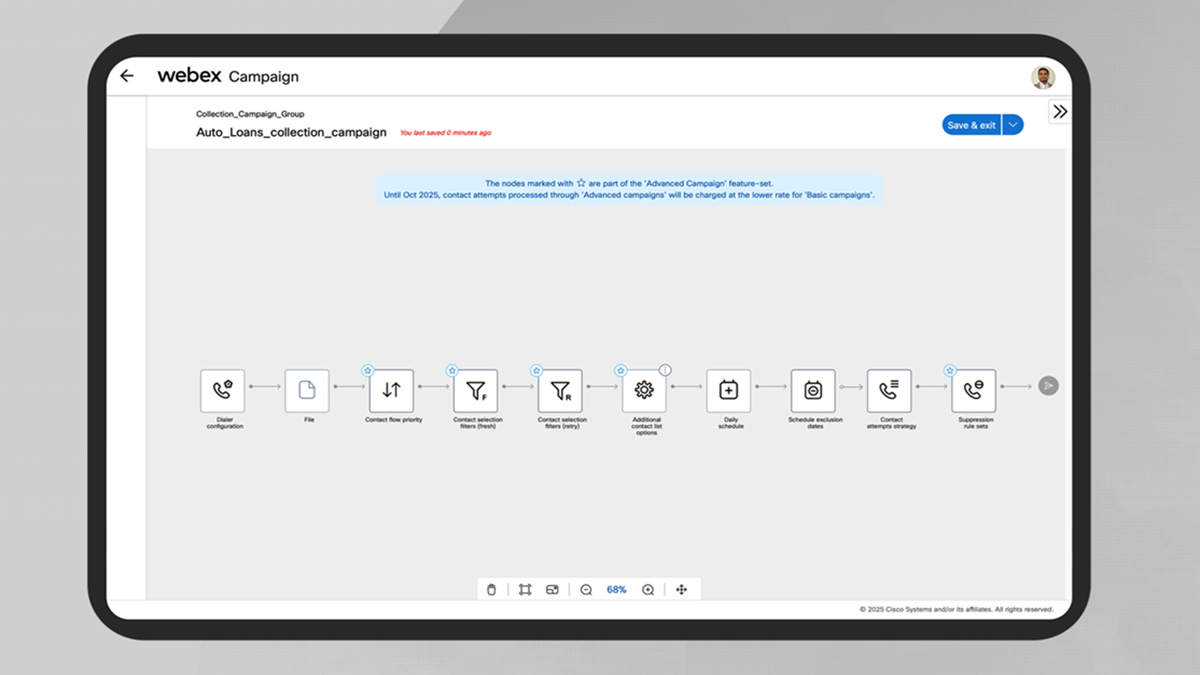 Webex Campaign Management interface showing outbound campaign configuration steps