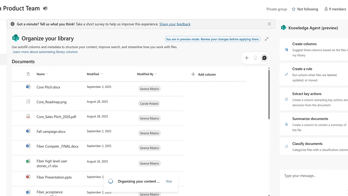 Microsoft 365 Copilot Knowledge Agent assisting a user in library organization