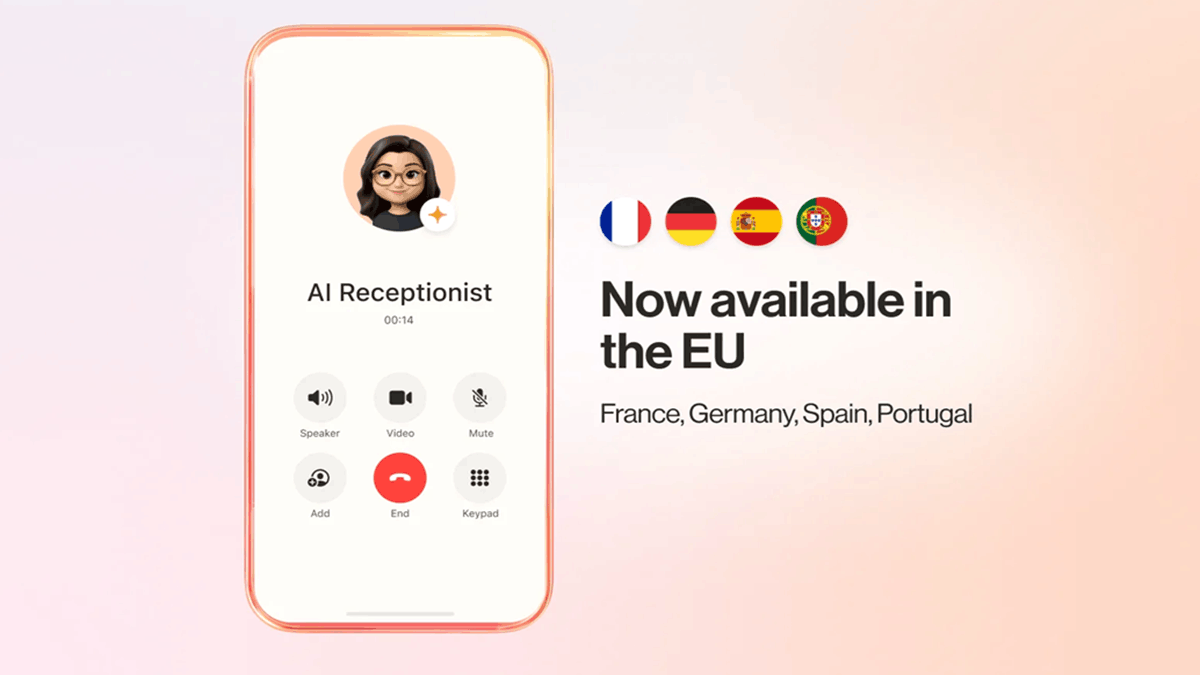 The RingCentral AI Receptionist featured on a mobile phone, highlighting availability in European countries, including France, Germany, Spain, and Portugal