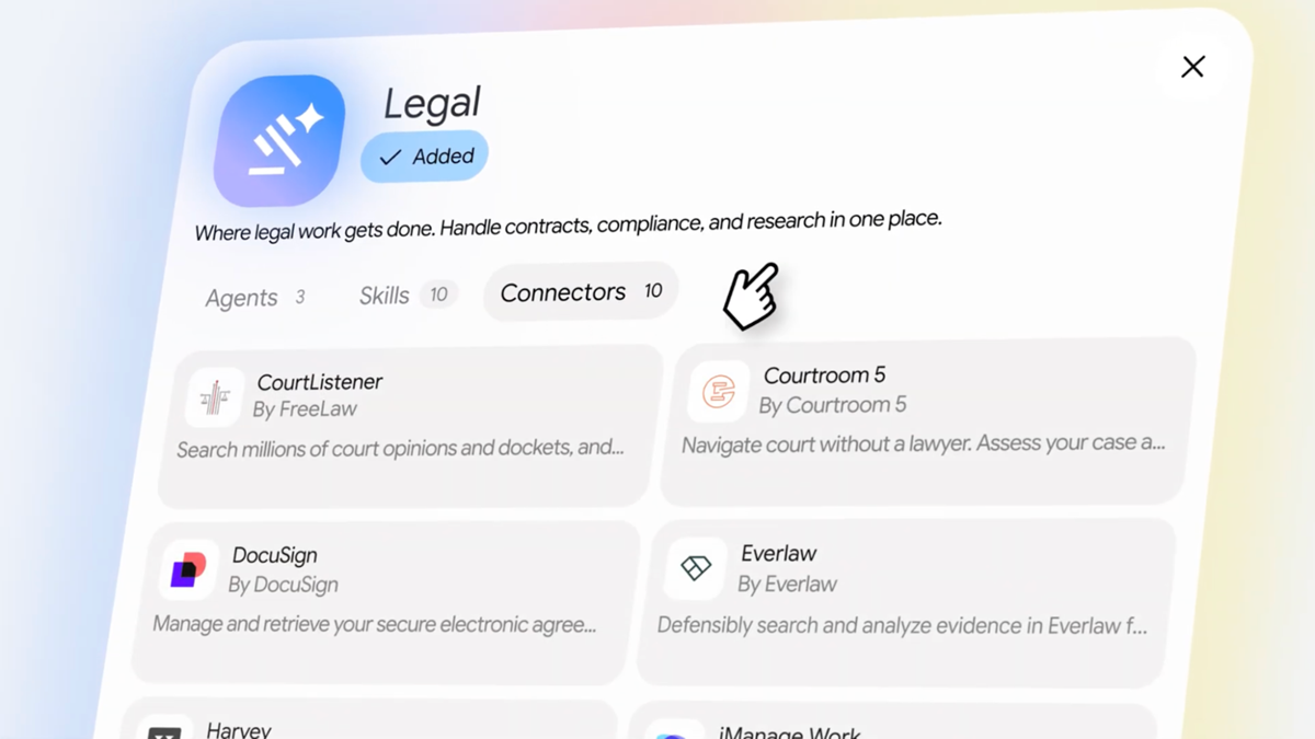 Gemini Enterprise for Legal interface showing legal agents, skills, and connectors for legal workflows