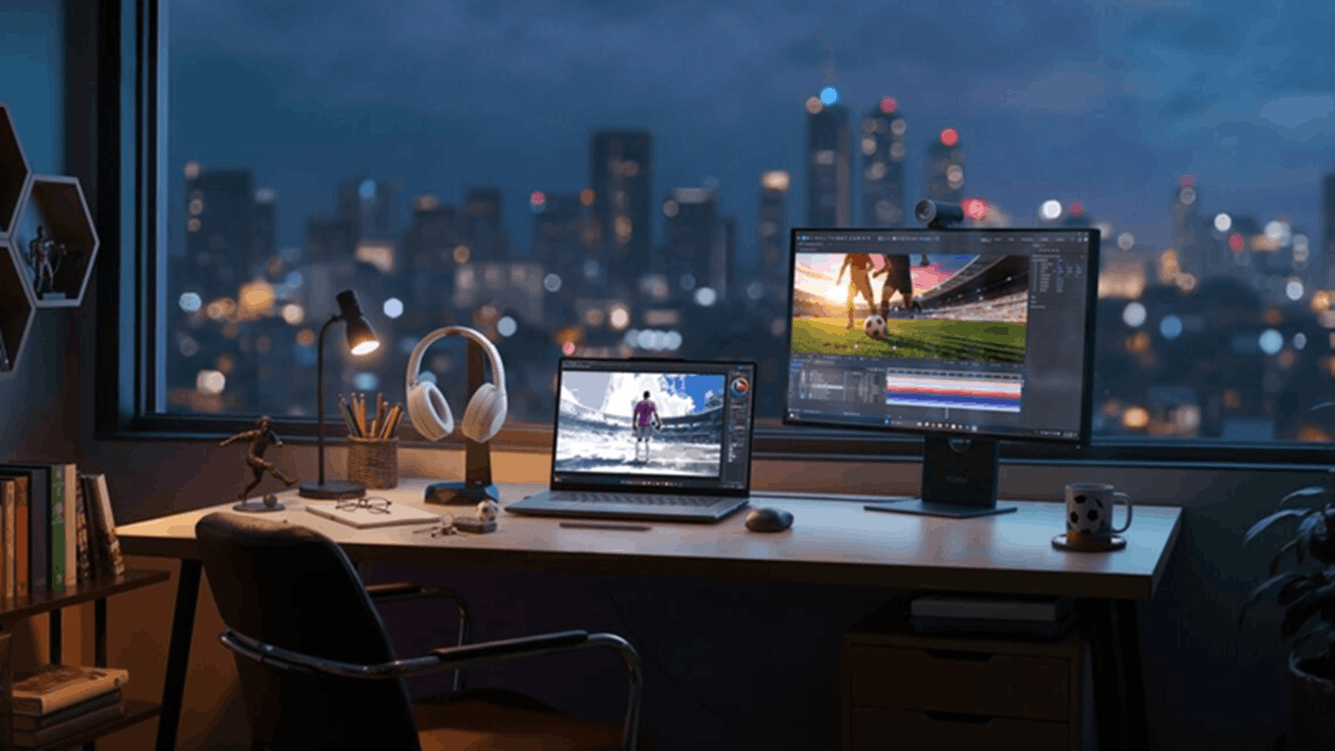 A workspace setup overlooking a cityscape featuring Lenovo devices