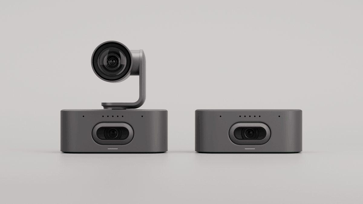 The Logitech Rally AI Camera and Rally AI Camera Pro presented side by side over a gray background