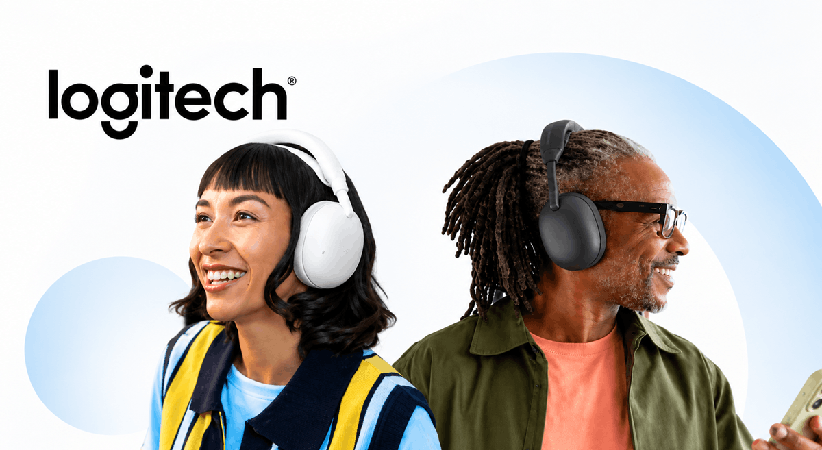Logitech Zone Vibe Pro headsets worn by two professionals in modern office settings, presented in a clean white promotional layout