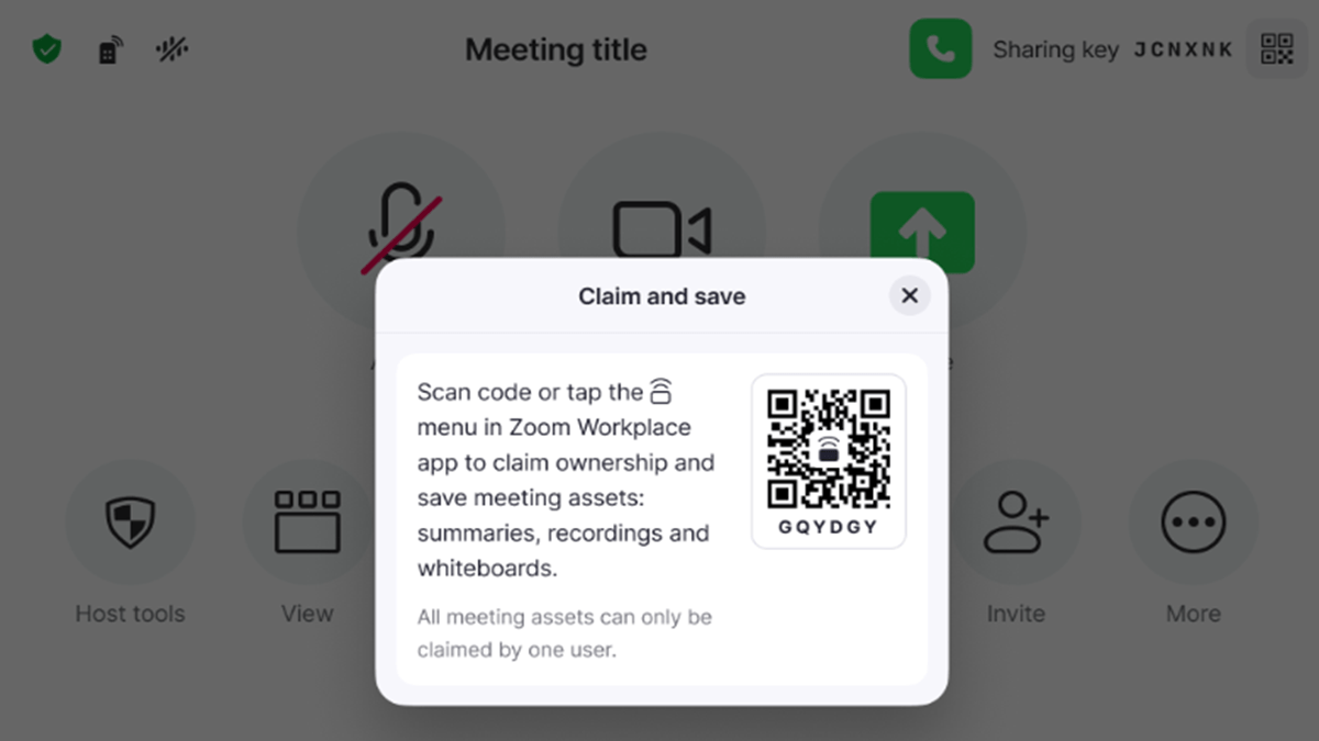 A QR code generated using Zoom Room’s Claim and Save feature for transferring and securing ownership of meeting assets
