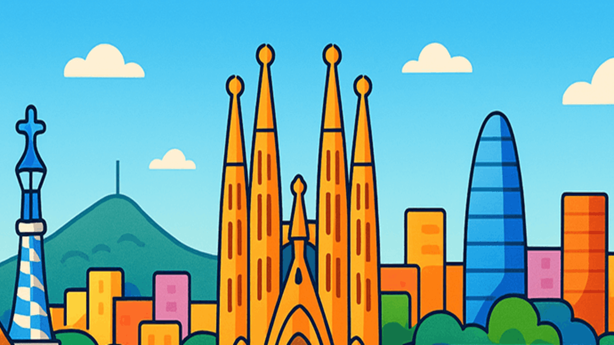 Stylized illustration of Barcelona’s skyline featuring the Sagrada Família and modern towers, representing the ISE 2026 setting