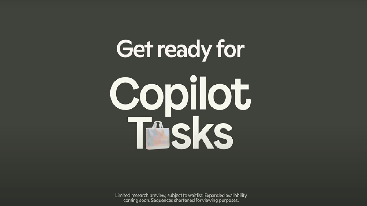 Promotional graphic with the text “Get ready for Copilot Tasks,” highlighting Microsoft’s upcoming AI feature currently in limited research preview