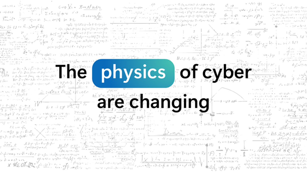Graphic reading "The physics of cyber are changing" over a background of mathematical formulas, introducing Microsoft's AI security vision