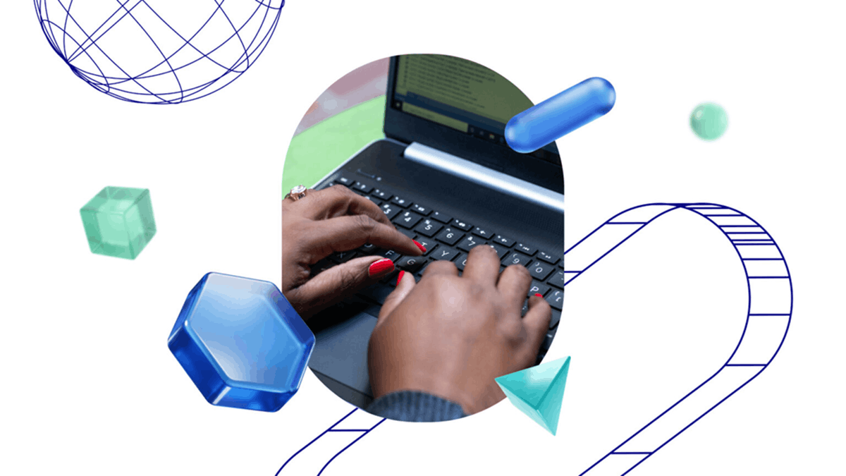 Hands typing on a laptop with abstract graphics representing enterprise AI and digital transformation