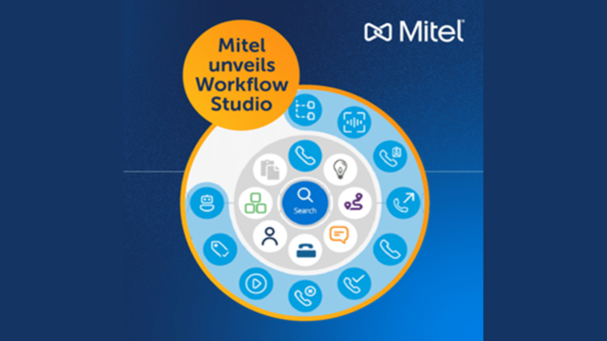 Mitel Workflow Studio workflow graphics over a blue background