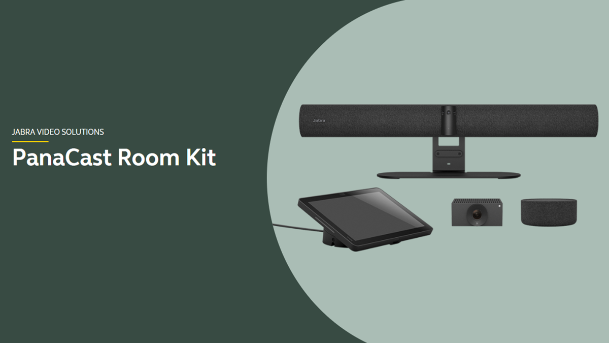 Jabra PanaCast Room Kit components displayed on a green background, including the video bar, control tablet, camera, and speaker mic