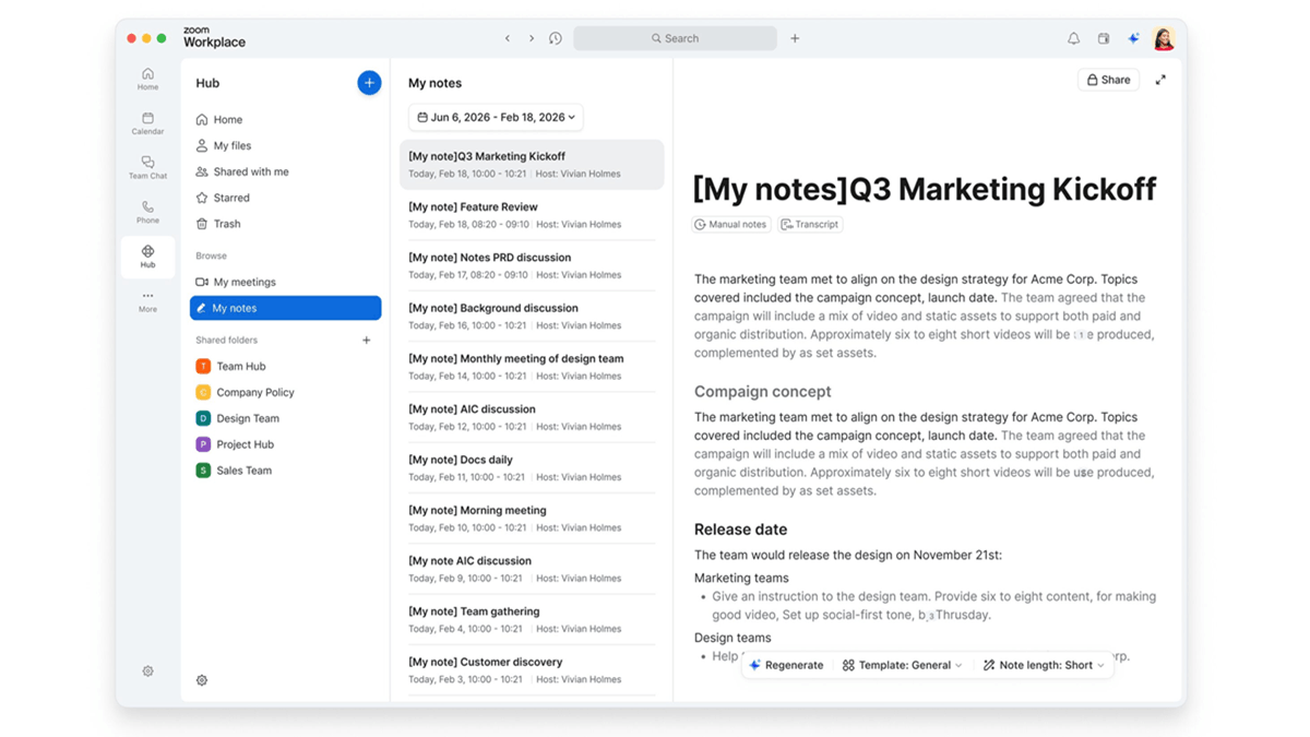 Zoom Workplace My notes view displaying AI-enhanced meeting notes organized by date and topic
