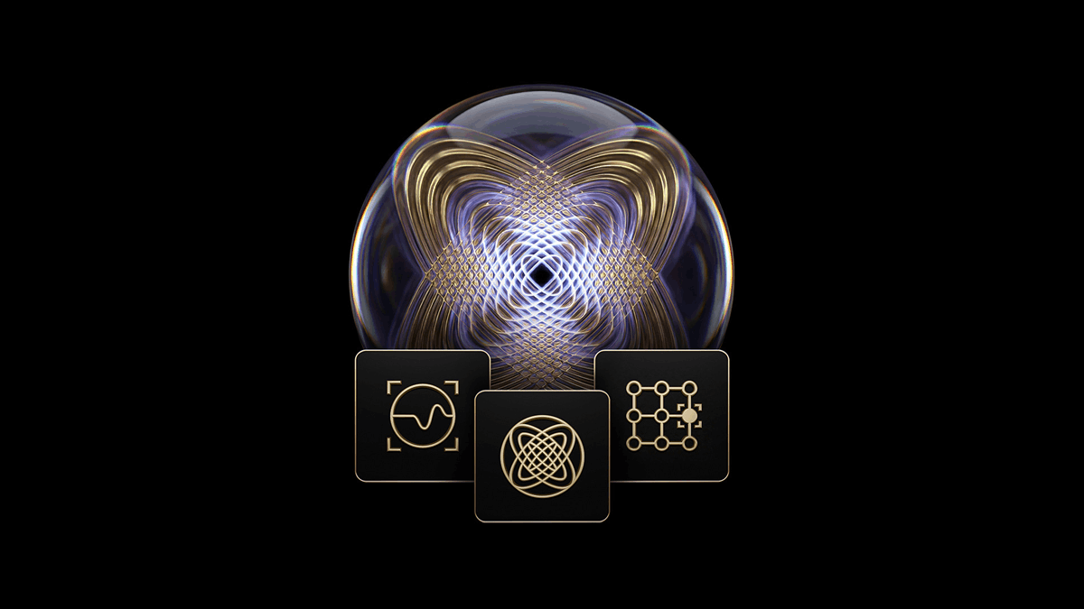 Abstract visualization of a glowing quantum waveform sphere with layered interference patterns, accompanied by icons representing signal analysis, AI modeling, and quantum circuit networks on a dark background