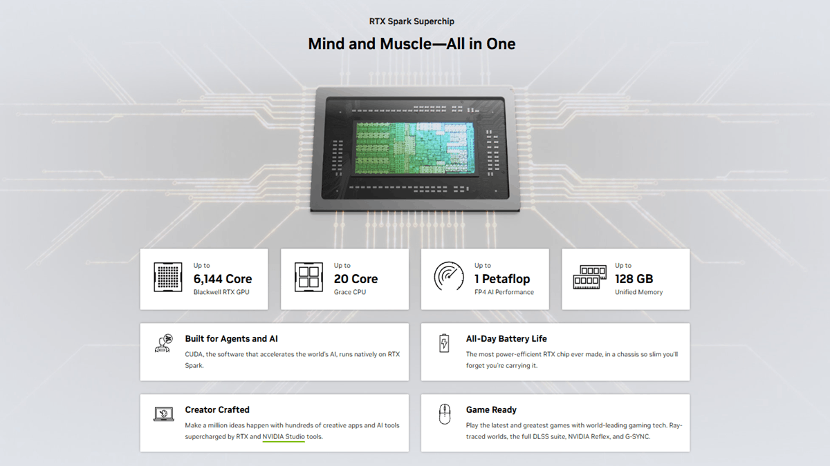 NVIDIA RTX Spark chip graphic showing up to 6,144 CUDA cores, 128 GB unified memory, and 1 petaflop FP4 AI performance