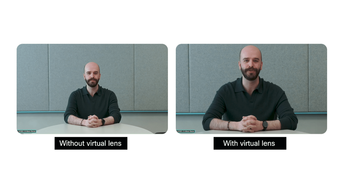 Meeting participant views of Room Bar Pro and Board Pro G2 with and without the AI Virtual Lens