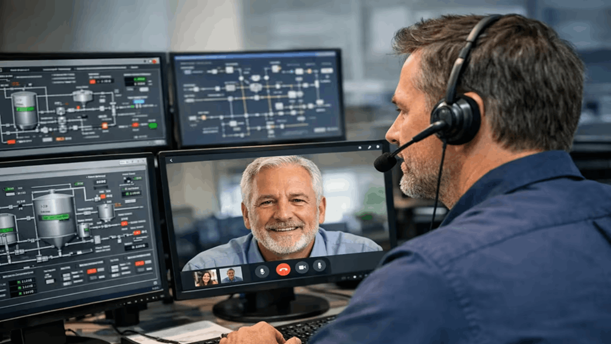 Control room operator using video collaboration alongside industrial monitoring dashboards