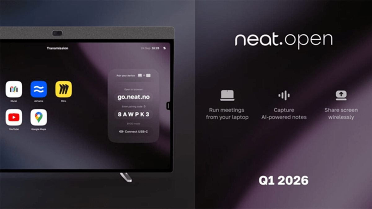 A preview of the Neat Open solution on a device, indicating general availability in Q1 2026