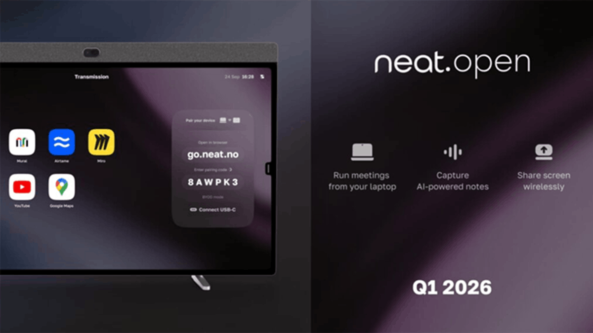 Neat Open’s interface displayed on a monitor with three feature icons beside it