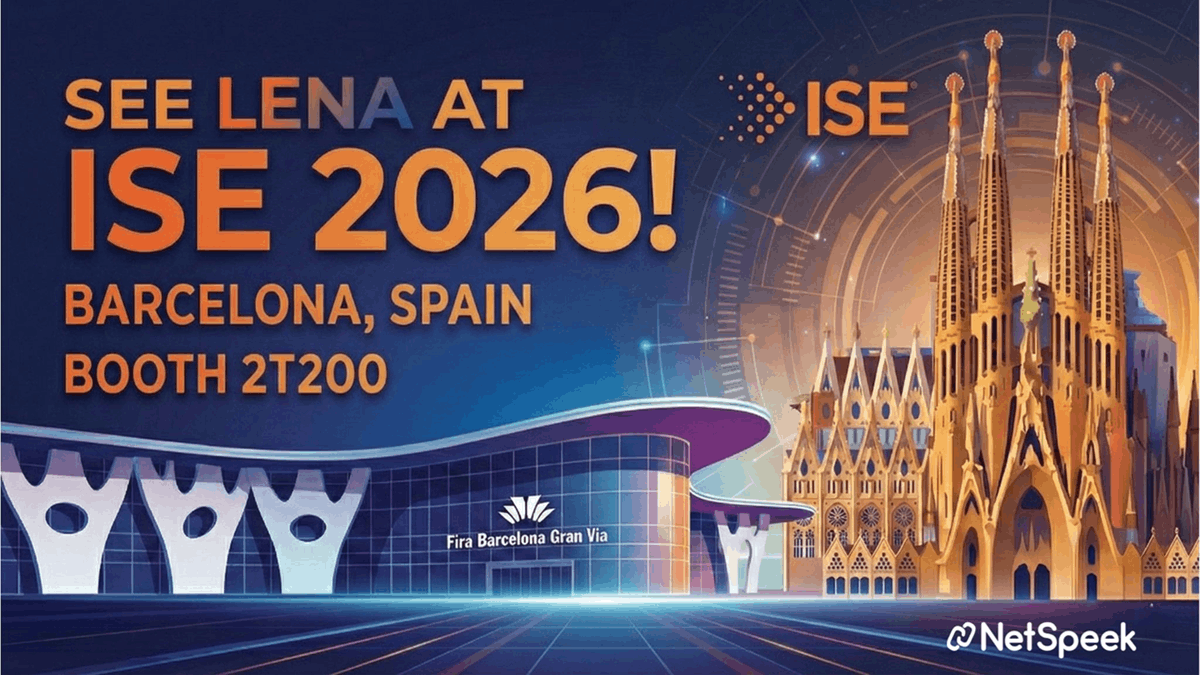 Information about NetSpeek’s booth featuring Lena at ISE 2026 over graphics of the Fira Barcelona Gran Via and the Cathedral of the Holy Cross and Saint Eulalia
